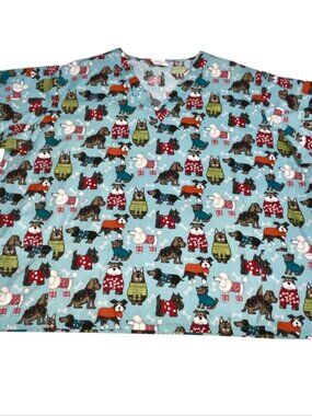 Uniform Advantage Scrub Top Plus Sz 4 XL Blue Dog Lover Dachshund Poodle Shepard
